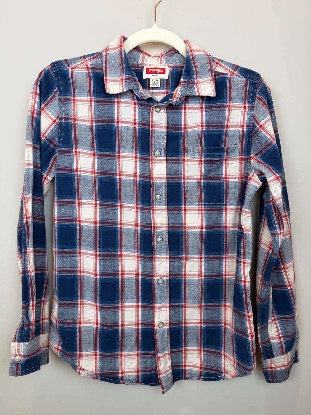 Wrangler Boys XL 14/16 Red Blue Plaid Button Down Shirt